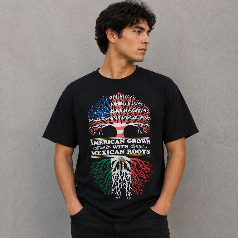 Men Graphic T Shirt American Grown Mexican Roots Casual Black Size L